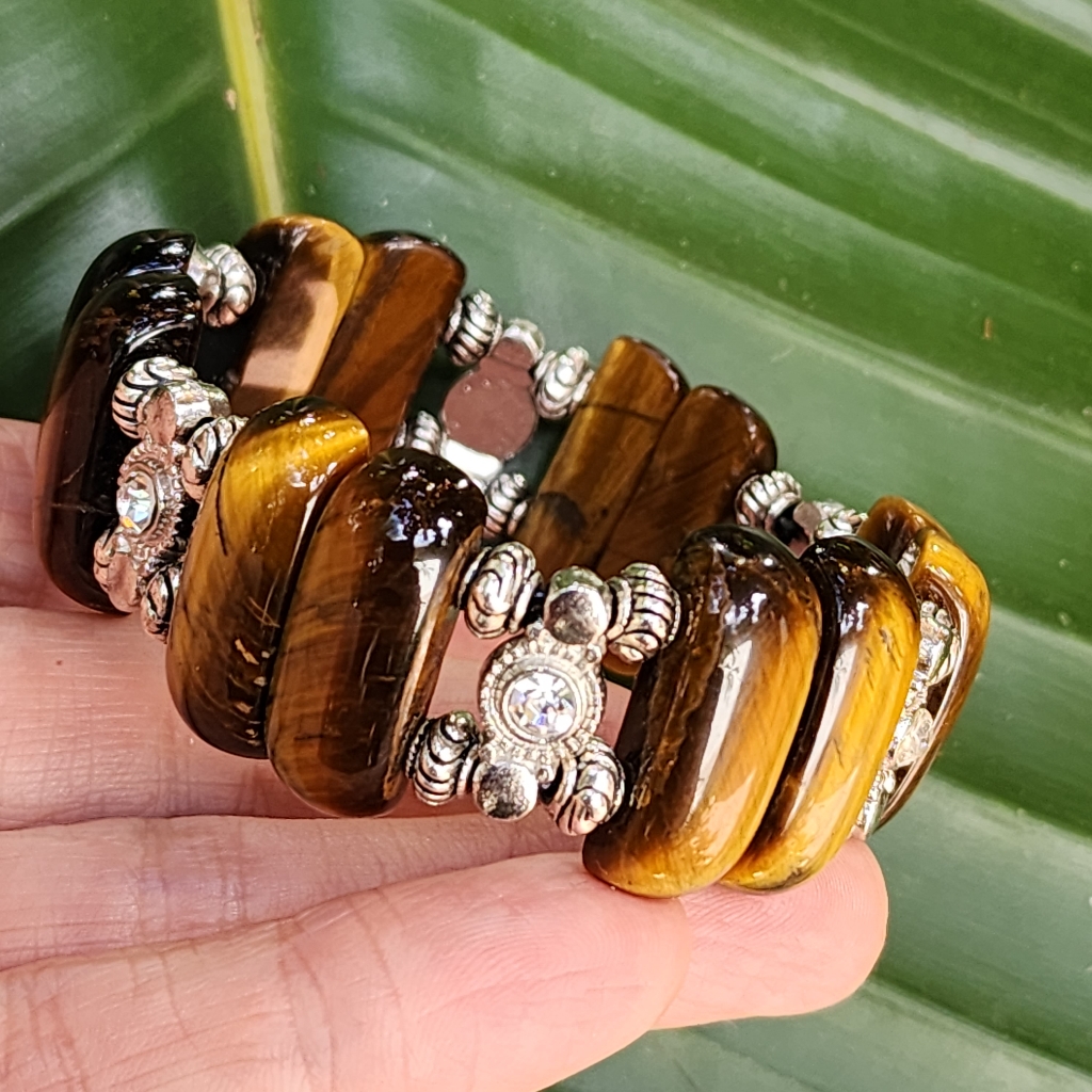 Genuine Tiger Eye Protective Stones Bracelet Silver Plated Diamond Cut Crystals